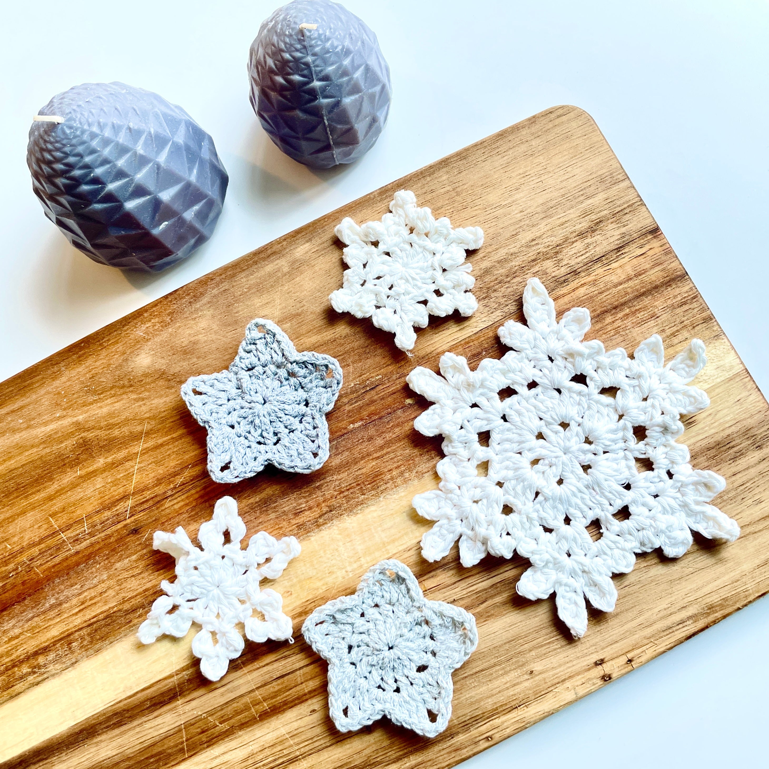 Crochet snowflakes and stars